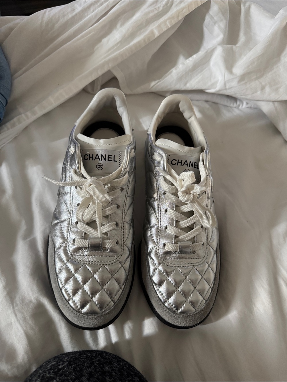 CHANEL Silver Quilted Leather Lace-Up Sneakers